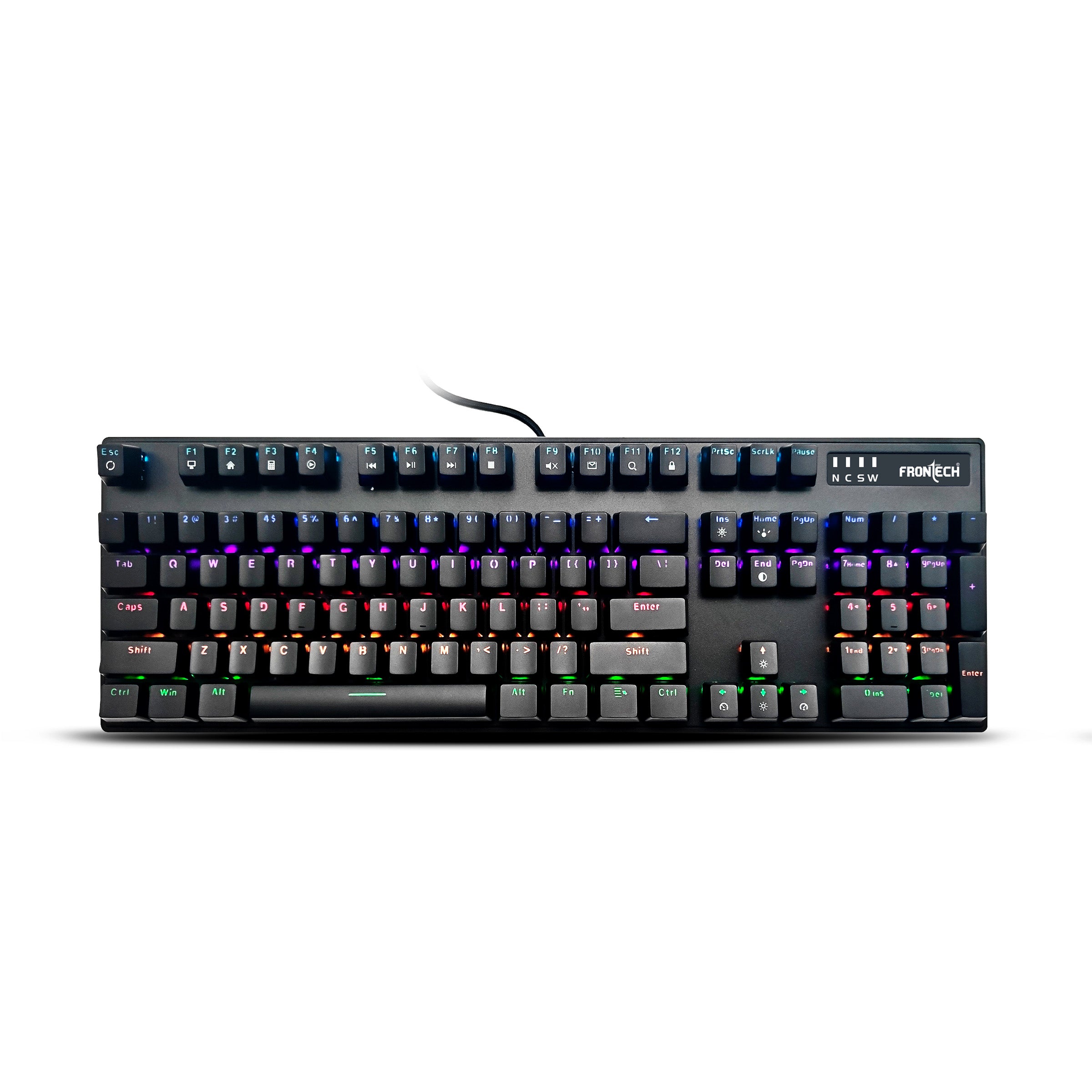 Frontech Wired Mechanical Gaming Keyboard | 104 Keys | Rainbow Backlit | Anti-Ghosting | Ergonomic Design | 12 Multimedia Hotkeys | Height Adjustable | 1-Year Warranty (KB-0014P) Frontech Wired Mechanical Gaming Keyboard | 104 Keys | Rainbow Backlit | Anti-Ghosting | Ergonomic Design | 12 Multimedia Hotkeys | Height Adjustable | 1-Year Warranty (KB-0014P)